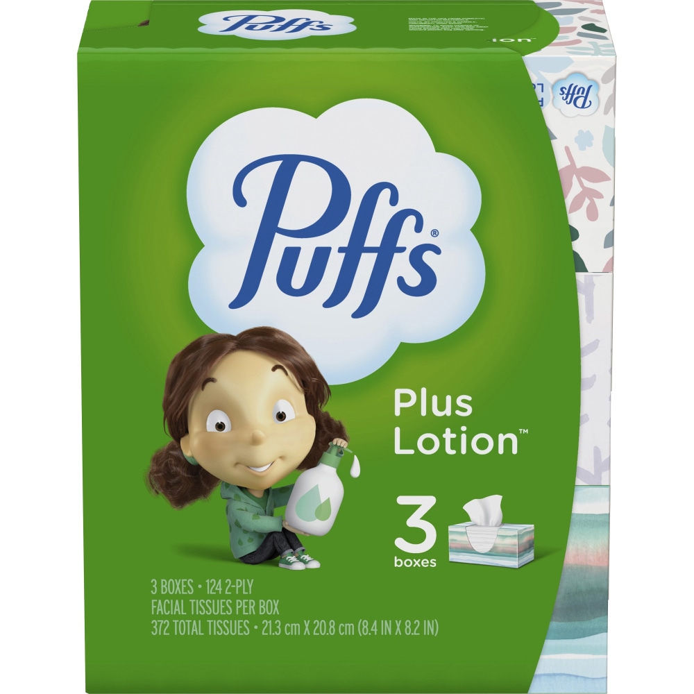 Puffs Plus Lotion 2-Ply Facial Tissue, White, 124 Tissues Per Box, Pack Of 3 Boxes (Min Order Qty 7) MPN:39363