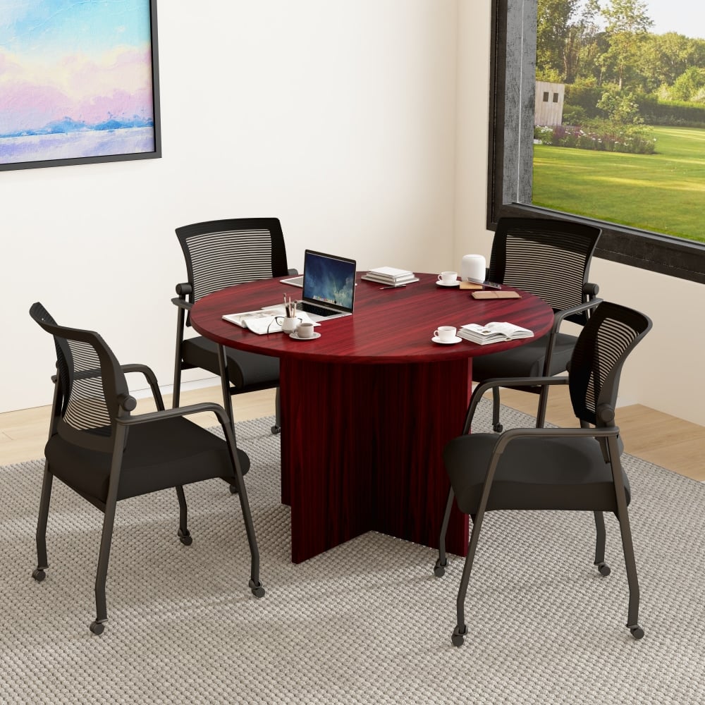 Boss Office Products 42in Round Table And Mesh Guest Chairs With Casters Set, Mahogany/Black MPN:GROUP127M-B