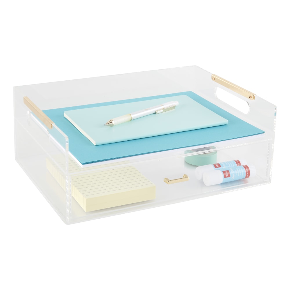Realspace Vayla Acrylic Desktop Caddy With Letter Sorter, 4-7/8inH x 8-1/4inW x 5-7/8inD, Clear/Gold (Min Order Qty 2) MPN:ST15001