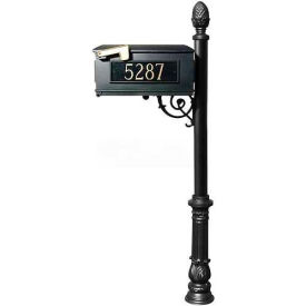 Lewiston Mailbox Post (Ornate Base & Pineapple Finial) w/3 Address Plates Support Brace Black LMC-703-BL