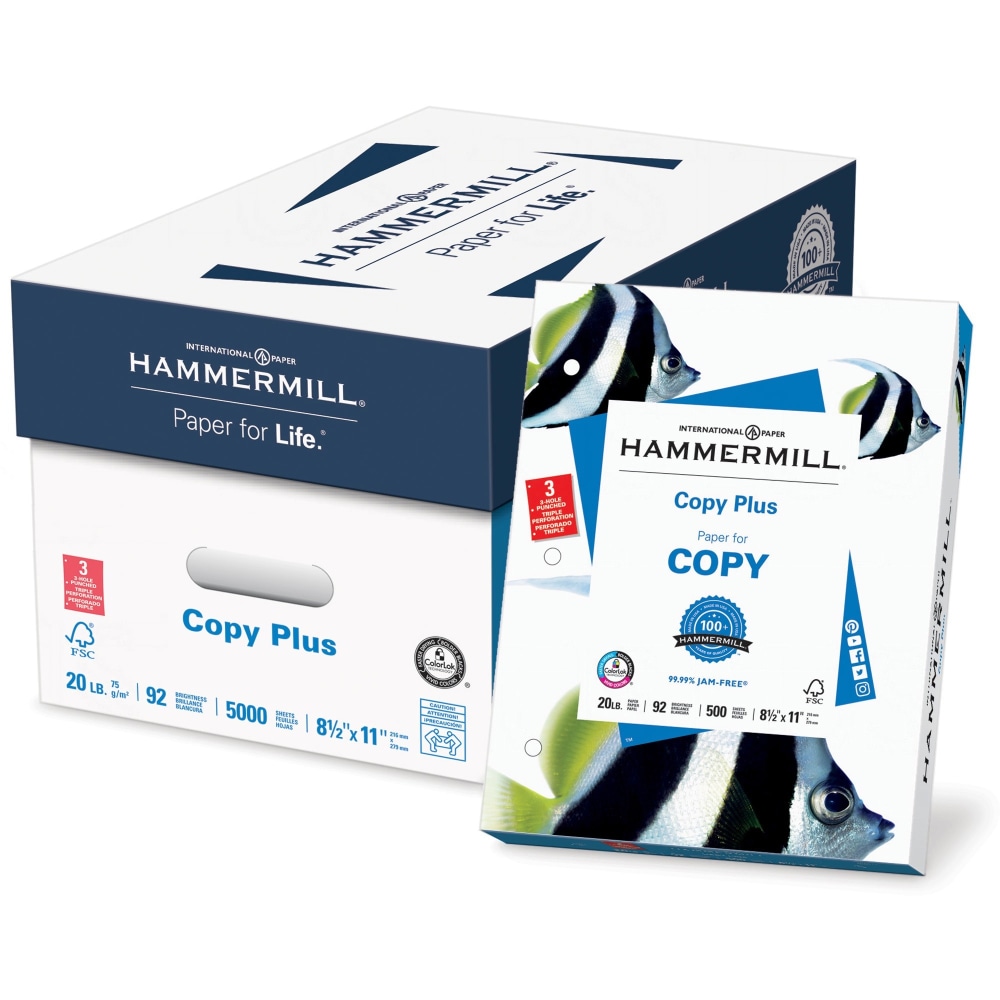 Hammermill Copy Plus 3-Hole Punched Multi-Use Printer & Copy Paper, 10 Reams, White, Letter (8.5in x 11in), 5000 Sheets Per Case, 20 Lb, 92 Brightness MPN:105031CT