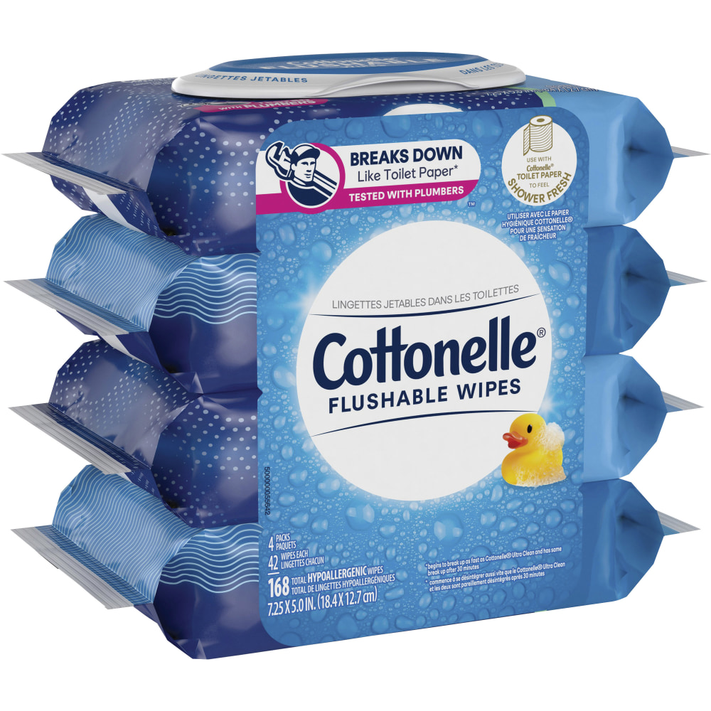 Cottonelle Flushable Wipes, 7-1/4in x 7-1/4, White, 168 Sheets Per Carton, Set Of 4 Cartons (Min Order Qty 5) MPN:KCC54495