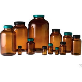 Qorpak GLC-02125 8.5oz (250ml) Amber Wide Mouth Packer Bottle with 45-400 Black Cap Case of 24 GLC-02125