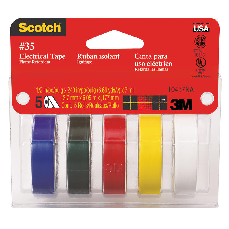 Scotch Professional Grade Quality Electrical Tape, 5 Tape Rolls, 0.5 in x 6.67 ft, 1in Core (Min Order Qty 8) MPN:10457