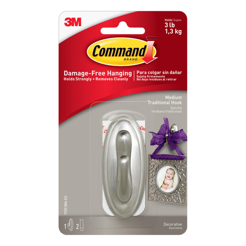 Command Damage-Free Removable Metal Hook, Traditional, Medium, 3 Lb, Brushed Nickel (Min Order Qty 8) MPN:17051BN