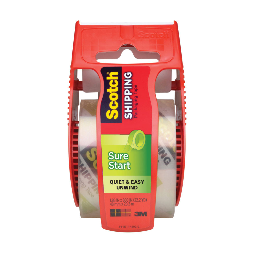 Scotch Sure Start Shipping Tape, 1 Tape Roll with Dispenser, 1 7/8 in x 22.2 yd, 1.5in Core, Holiday Wrapping Tape with Quiet Unwind and Easy Start, Clear (Min Order Qty 20) MPN:145