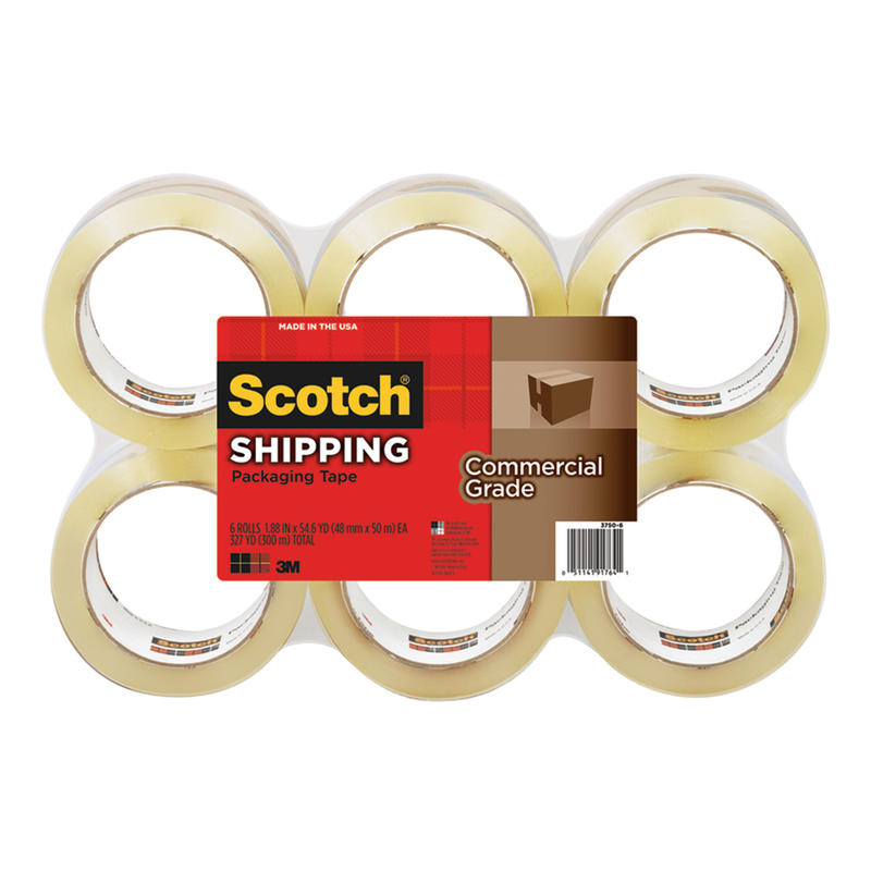 Scotch Commercial Grade Shipping Packing Tape, 6 Tape Rolls, 1 7/8 in x 54.6 yd, 1in Core, Designed for Packing, Shipping and Mailing, Guaranteed to Stay Sealed, Clear (Min Order Qty 2) MPN:3750