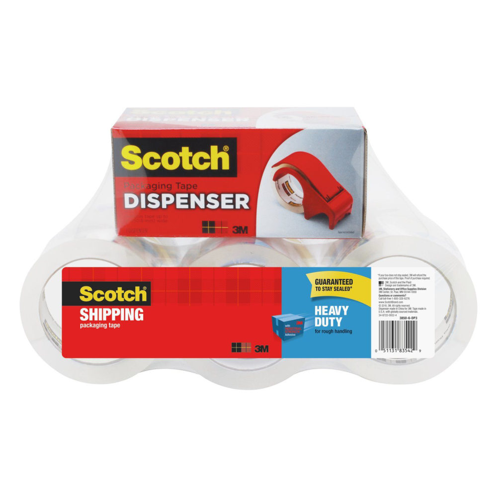 Scotch Heavy Duty Shipping Packing Tape, 6 Tape Rolls with 1 Dispenser, 1 7/8 in x 54.6 yd, 3in Core, Designed for Packing, Shipping and Mailing, Guaranteed to Stay Sealed, Clear (Min Order Qty 2) MPN:3850-6BD