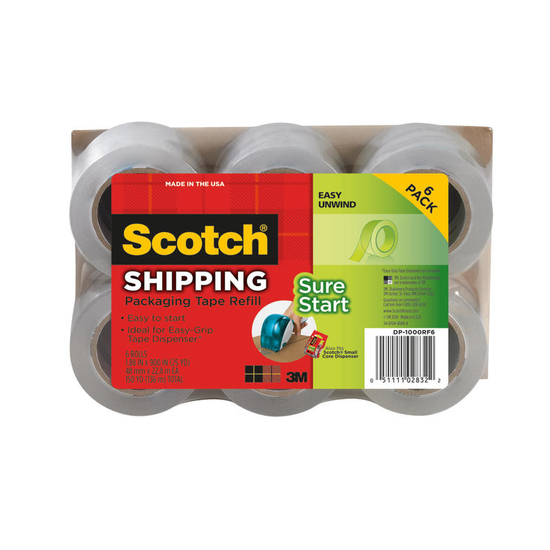 Scotch Sure Start Shipping Tape, 6 Tape Rolls, 1 7/8 in x 25 yd, 1.5in Core, Holiday Wrapping Tape with Quiet Unwind and Easy Start, Clear (Min Order Qty 4) MPN:DP-1000RF6