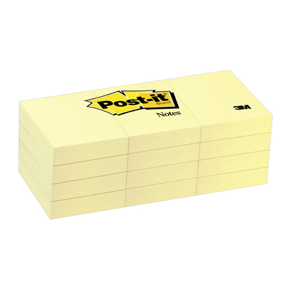 Post-it Notes, 12 Pads, 1 3/8 in x 1 7/8 in, Clean Removal, School Supplies and Office Products, Sticky Notes for Vertical Surfaces, Monitors, Walls and Windows, Canary Yellow (Min Order Qty 9) MPN:653