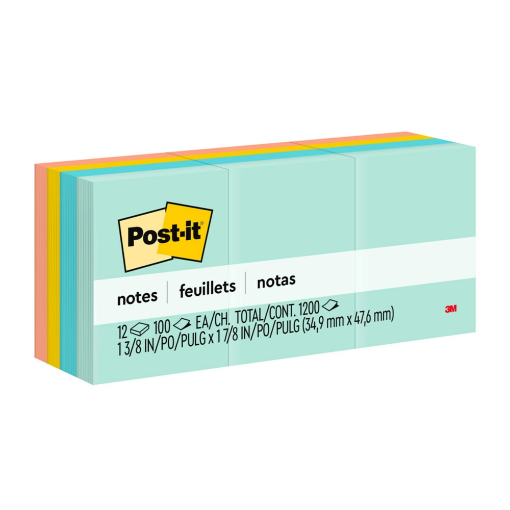 Post-it Notes, 12 Pads, 1 3/8 in x 1 7/8 in, Clean Removal, School Supplies and Office Products, Sticky Notes for Vertical Surfaces, Monitors, Walls and Windows, Beachside Cafe Collection (Min Order Qty 8) MPN:653-AST