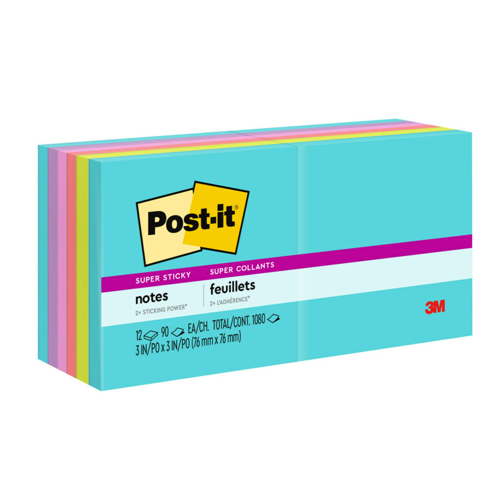 Post-it Super Sticky Notes, 12 Pads, 3 in x 3 in, 2x the Sticking Power, School Supplies and Office Products, Sticky Notes for Vertical Surfaces, Monitors, Walls and Windows, Supernova Neons Collection (Min Order Qty 4) MPN:654-12SSMIA