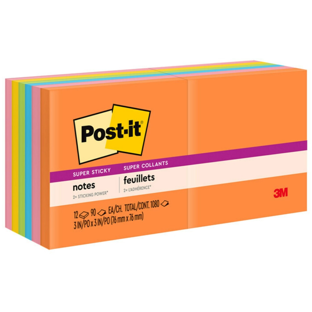 Post-it Super Sticky Notes, 12 Pads, 3 in x 3 in, 2x the Sticking Power, School Supplies and Office Products, Sticky Notes for Vertical Surfaces, Monitors, Walls and Windows, Energy Boost Collection (Min Order Qty 3) MPN:654-12SSUC