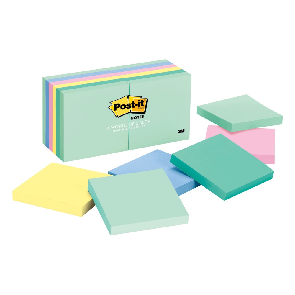 Post-it Notes, 12 Pads, 3 in x 3 in, Clean Removal, School Supplies and Office Products, Sticky Notes for Vertical Surfaces, Monitors, Walls and Windows, Beachside Cafe Collection (Min Order Qty 4) MPN:654-AST