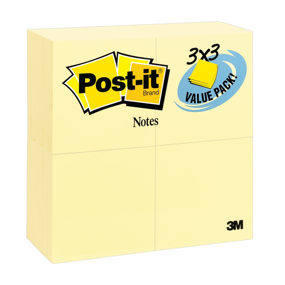 Post-it Notes Value Pack, 24 Pads, 3 in x 3 in, Clean Removal, School Supplies and Office Products, Sticky Notes for Vertical Surfaces, Monitors, Walls and Windows, Canary Yellow (Min Order Qty 3) MPN:65424VAD