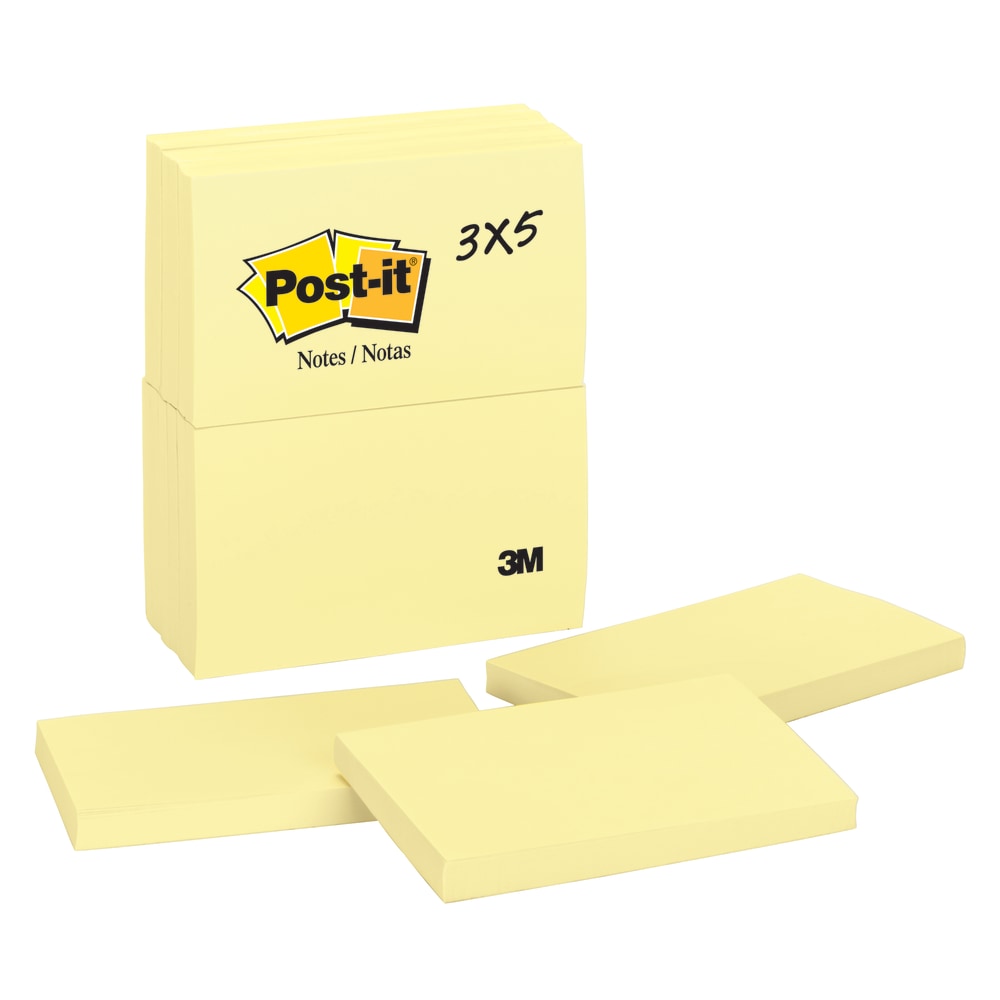 Post-it Notes, 12 Pads, 3 in x 5 in, Clean Removal, School Supplies and Office Products, Sticky Notes for Vertical Surfaces, Monitors, Walls and Windows, Canary Yellow (Min Order Qty 3) MPN:655