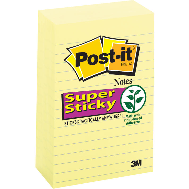 Post-it Super Sticky Notes, 5 Pads, 4 in x 6 in, 2x the Sticking Power, School Supplies and Office Products, Sticky Notes for Vertical Surfaces, Monitors, Walls and Windows, Canary Yellow, Lined (Min Order Qty 4) MPN:660-5SSCY