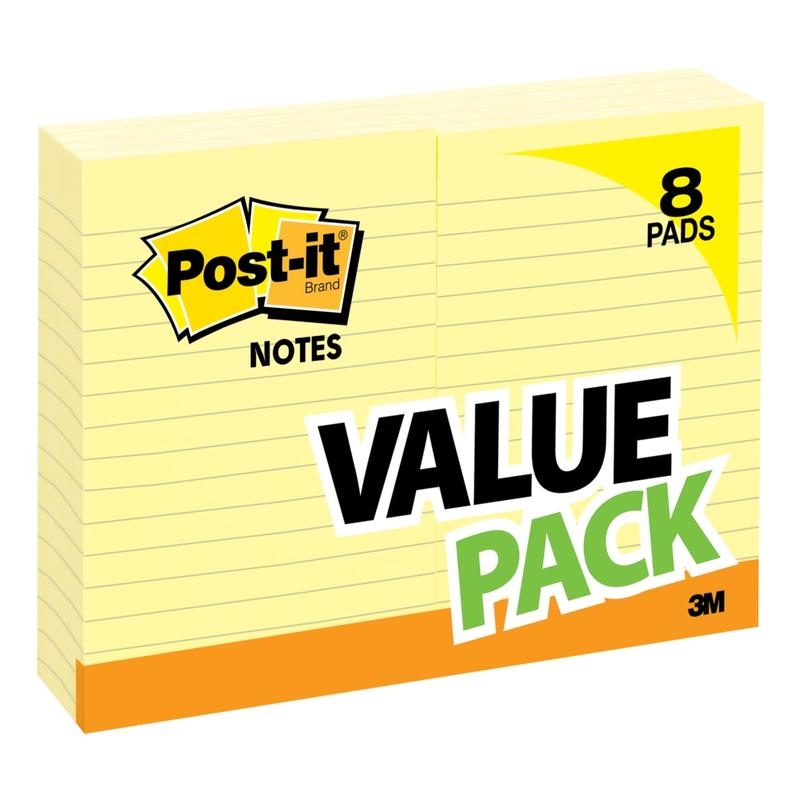 Post-it Notes, 8 Pads, 4 in x 6 in, Clean Removal, School Supplies and Office Products, Sticky Notes for Vertical Surfaces, Monitors, Walls and Windows, Canary Yellow, Lined (Min Order Qty 4) MPN:660-8PK