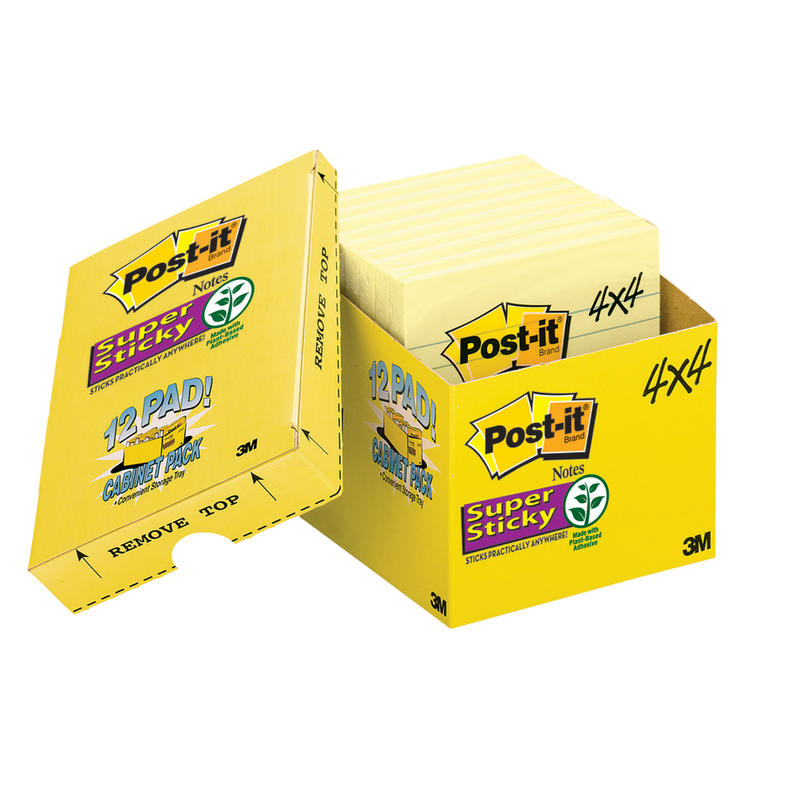 Post-it Super Sticky Notes, 12 Pads, 4 in x 4 in, 2x the Sticking Power, School Supplies and Office Products, Sticky Notes for Vertical Surfaces, Monitors, Walls and Windows, Canary Yellow, Lined (Min Order Qty 3) MPN:67512SSCP