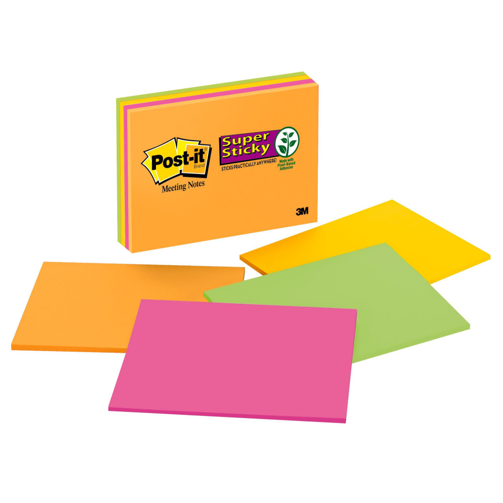 Post-it Super Sticky Notes, 4 Pads, 8 in x 6 in, 2x the Sticking Power, School Supplies and Office Products, Sticky Notes for Vertical Surfaces, Monitors, Walls and Windows, Energy Boost Collection (Min Order Qty 5) MPN:6845-SSP