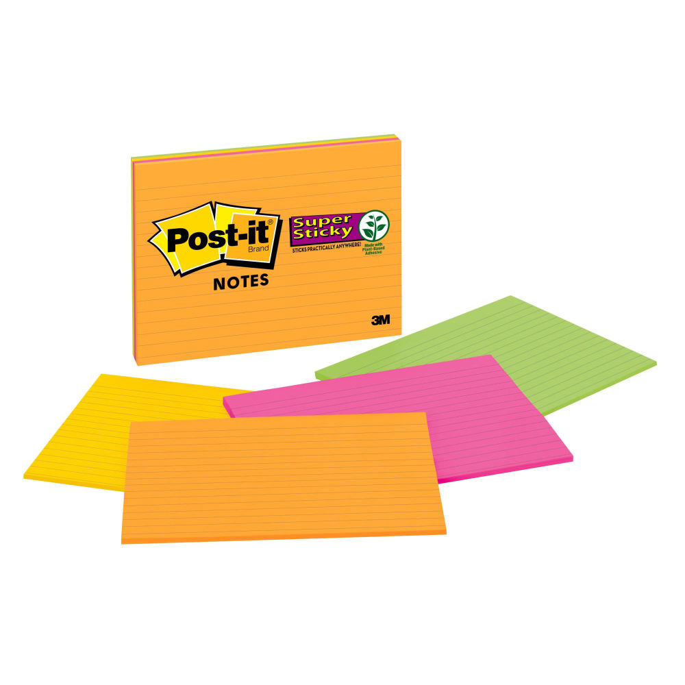 Post-it Super Sticky Notes, 4 Pads, 8 in x 6 in, 2x the Sticking Power, School Supplies and Office Products, Sticky Notes for Vertical Surfaces, Monitors, Walls and Windows, Energy Boost Collection, Lined (Min Order Qty 5) MPN:6845-SSPL