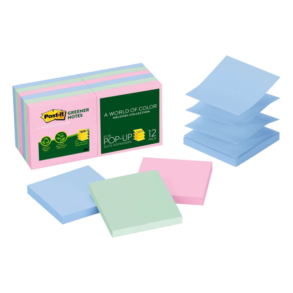 Post-it Greener Pop Up Notes, 12 Pads, 3 in x 3 in, 100% Recycled, Clean Removal, School Supplies and Office Products, Sticky Notes for Vertical Surfaces, Monitors, Walls and Windows, Sweet Sprinkles Collection (Min Order Qty 4) MPN:R330RP-12AP