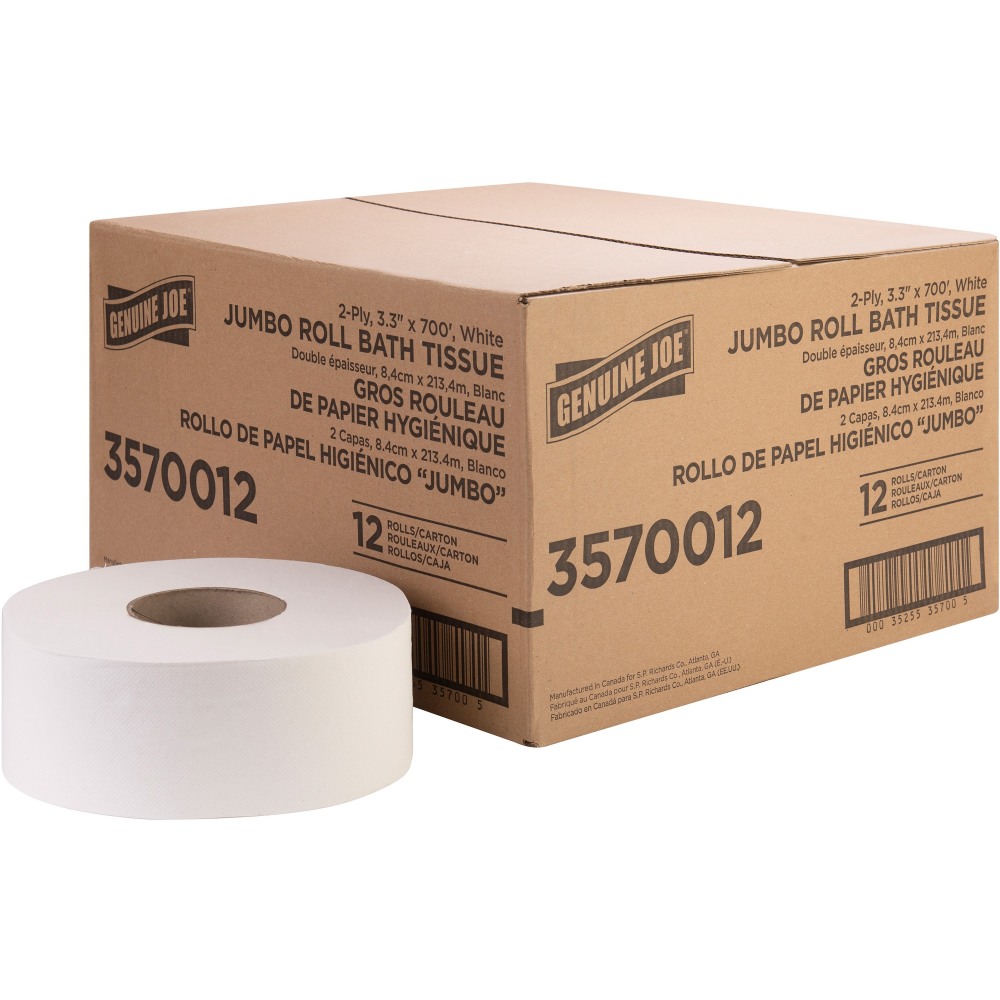 Genuine Joe Jumbo Jr Dispenser Bath Tissue Roll - 2 Ply - 3.30in x 700 ft - 8.88in Roll Diameter - White - Fiber - 12 / Carton (Min Order Qty 2) MPN:3570012