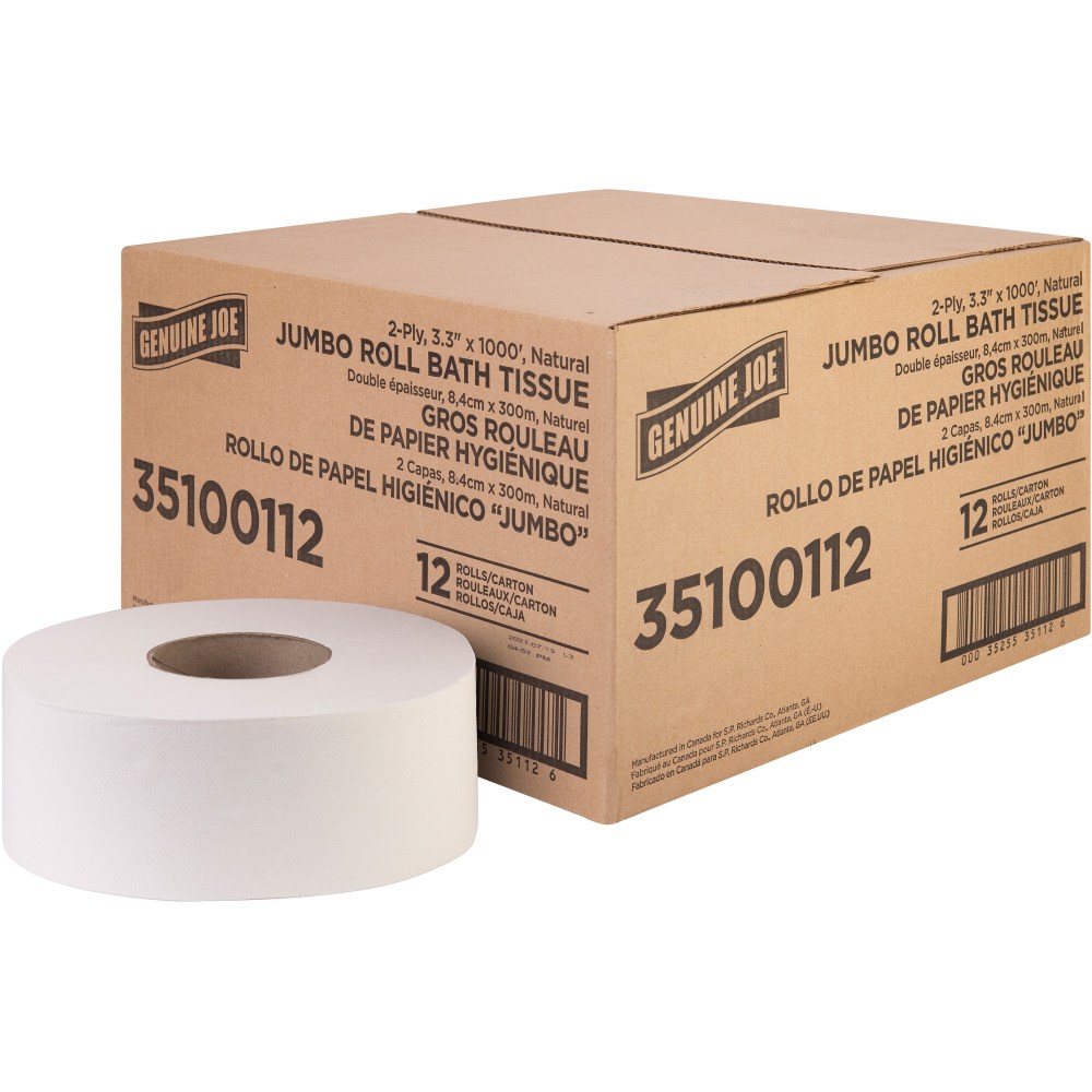 Genuine Joe Jumbo Jr Dispenser Bath Tissue Roll - 2 Ply - 3.30in x 1000 ft - 8.88in Roll Diameter - White - Fiber - 12 / Carton (Min Order Qty 2) MPN:35100112