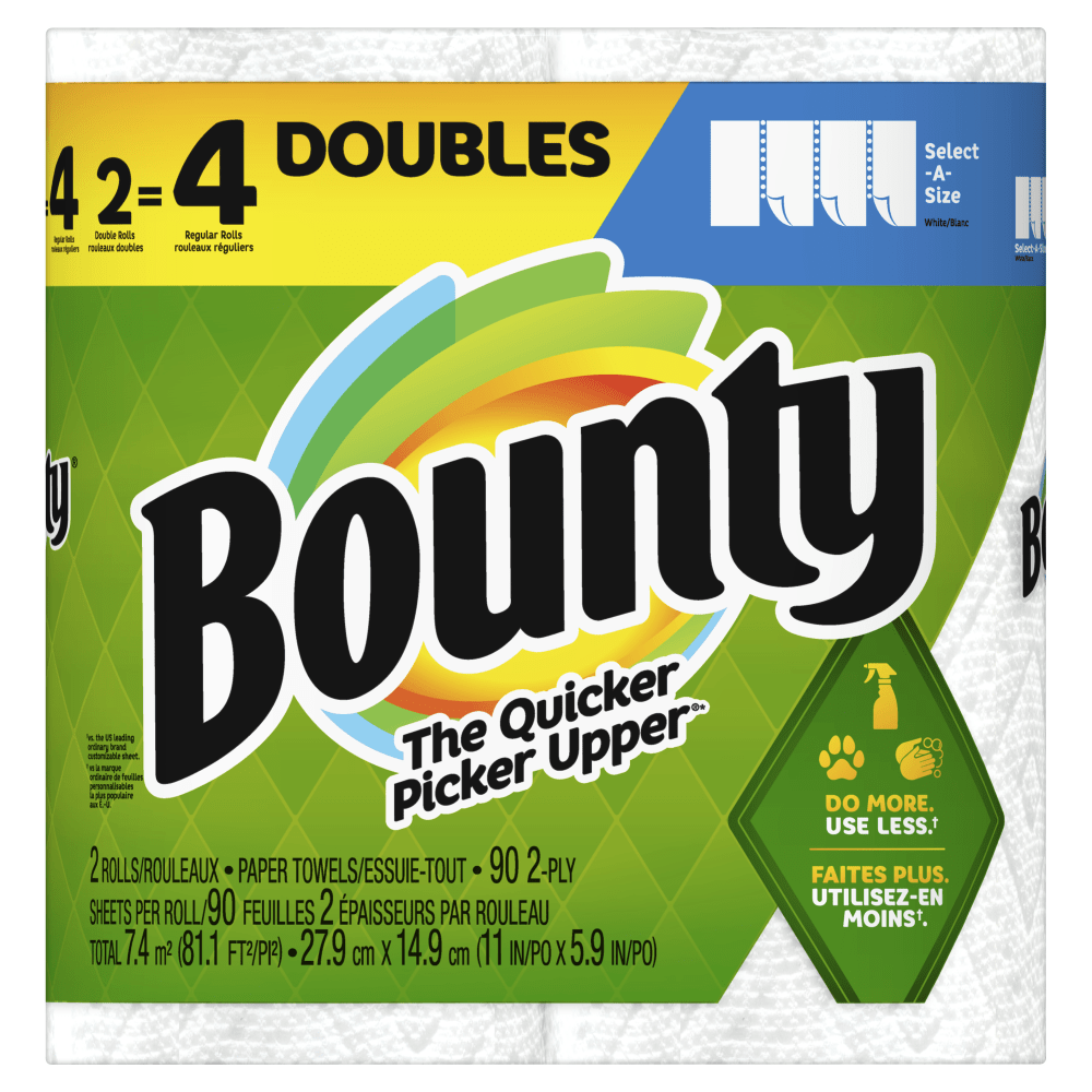Bounty Select-A-Size 2-Ply Paper Towels, Double Roll, 11in x 6in, White, 90 Sheets Per Roll, Pack Of 2 Rolls MPN:30772061220