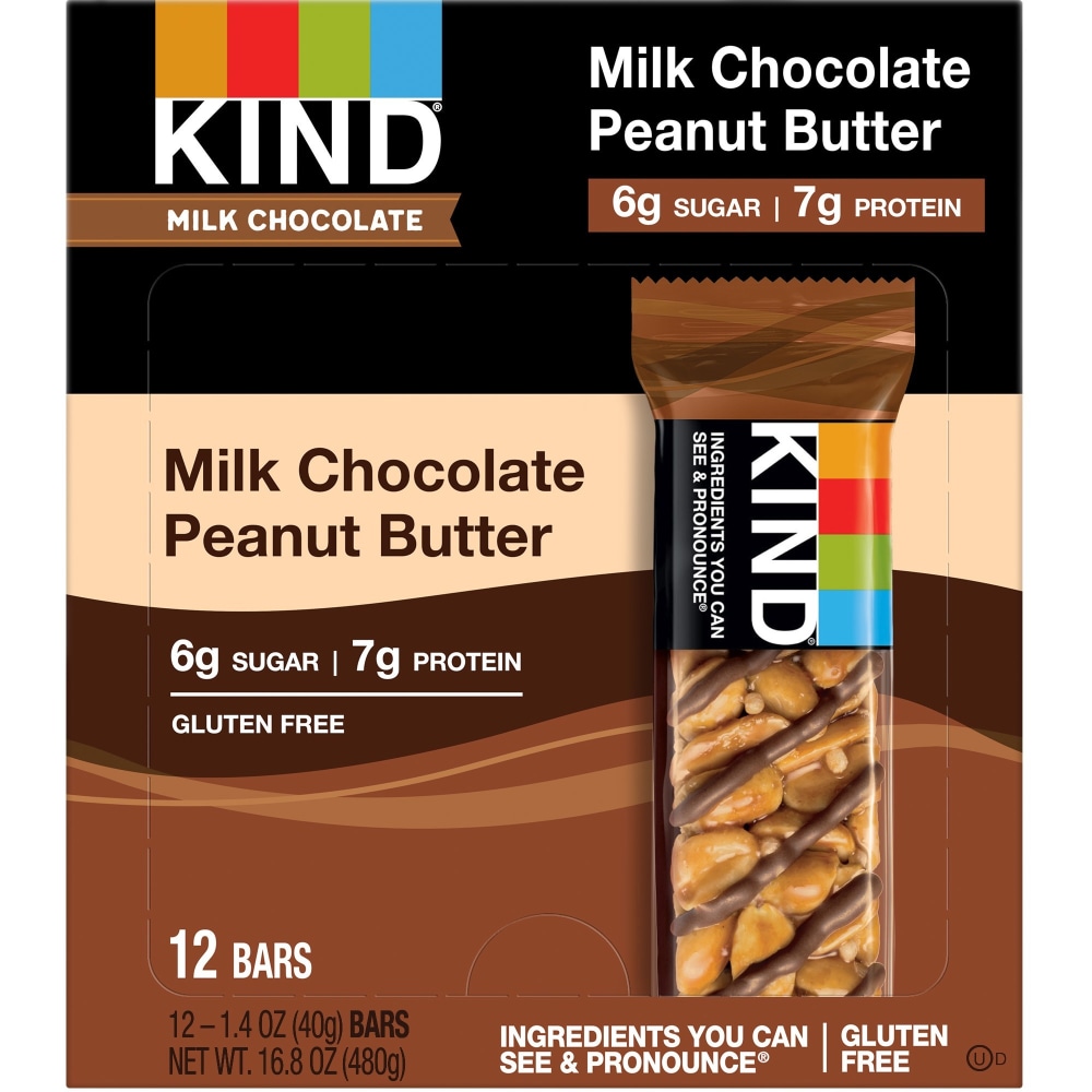 KIND Milk Chocolate Nut Bars - Low Sodium, Gluten-free, Individually Wrapped, Low Glycemic - Milk Chocolate, Peanut Butter, Peanut - 12 / Box (Min Order Qty 2) MPN:KND28352