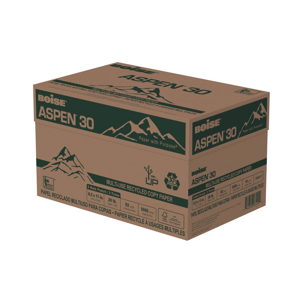 Boise ASPEN 30 3-Hole Punched Multi-Use Printer & Copy Paper, 10 Reams, White, Letter (8.5in x 11in), 5000 Sheets Per Case, 20 Lb, 92 Brightness, 30% Recycled, FSC Certified MPN:054901-P-CTN