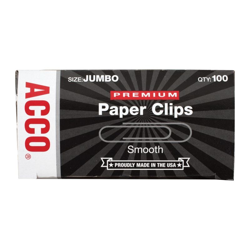 ACCO Premium Paper Clips, 1000 Total, Jumbo, Silver, 100 Per Box, Pack Of 10 Boxes (Min Order Qty 2) MPN:72500