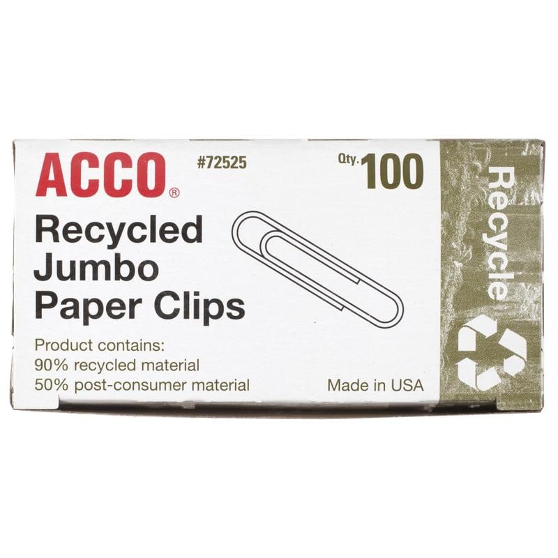 ACCO Paper Clips, Box Of 100, Jumbo, 90% Recycled, Silver (Min Order Qty 28) MPN:72525