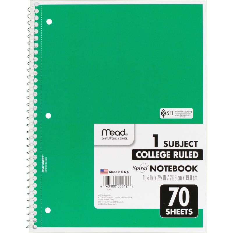 Mead Spiral Notebook, 8in x 10-1/2in, 1 Subject, College Rule, Assorted Colors (Min Order Qty 29) MPN:05512