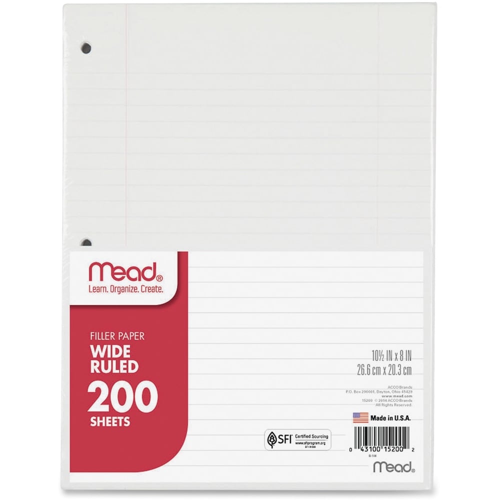 Mead Notebook Filler Paper, Wide-Ruled, 8in x 10 1/2in, 3-Hole Punched, White, Pack Of 200 Sheets (Min Order Qty 11) MPN:14802