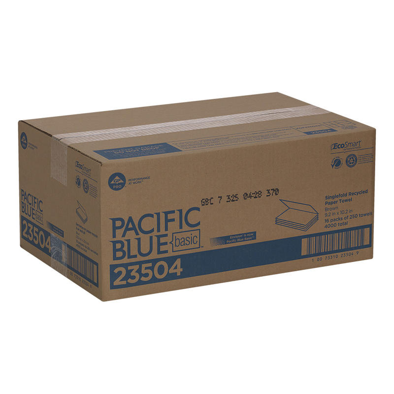 Pacific Blue Basic by GP PRO, 1-Ply, S-Fold Paper Towels, 9.25in X 9.9in, 100% Recycled, Brown, 250 Sheets per Pack, 16 Packs Per Case (Min Order Qty 2) MPN:23504