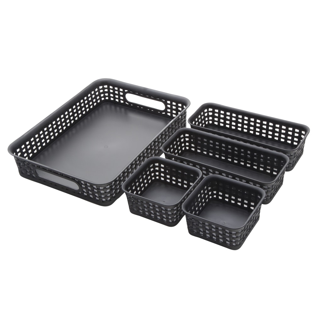 Realspace Plastic Weave Bin Set, Assorted Sizes, Black, Pack Of 5 (Min Order Qty 7) MPN:37499