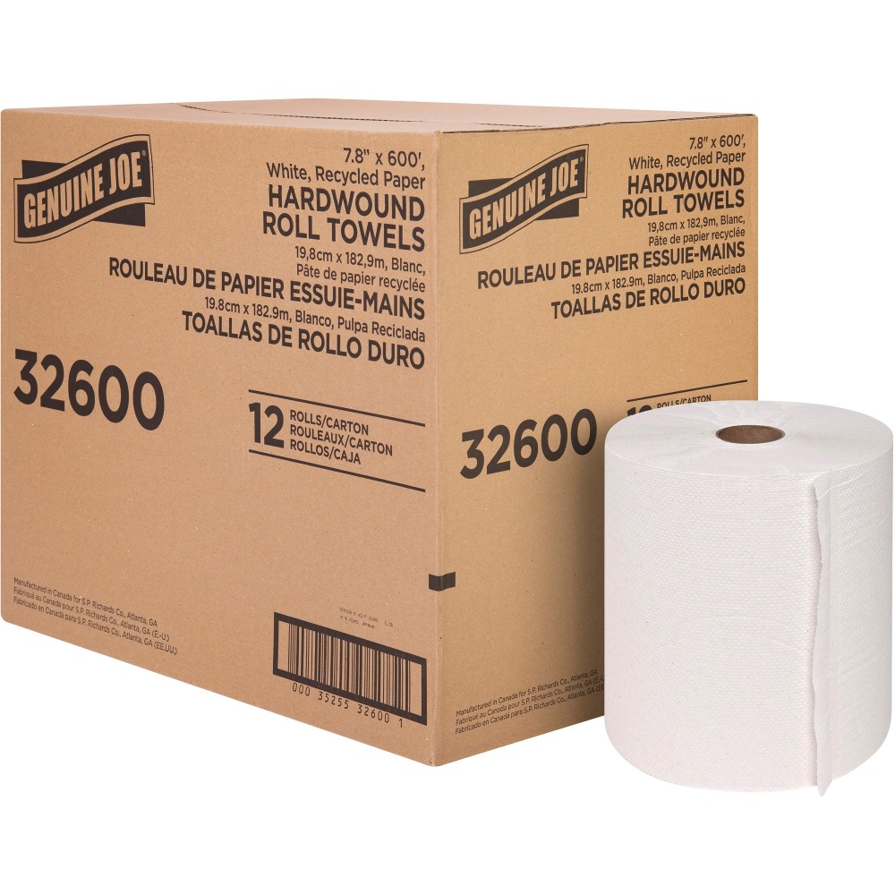 Genuine Joe Hardwound Roll Paper Towels - 7.80in x 600 ft - 2in Core - White - Paper - 12.0 / Carton (Min Order Qty 2) MPN:32600