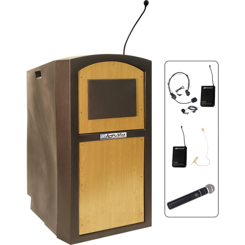 AmpliVox SW3250 - Wireless Pinnacle Multimedia Lectern - Sculpted Base - 47in Height x 26in Width x 26in Depth - Maple MPN:SW3250-MP