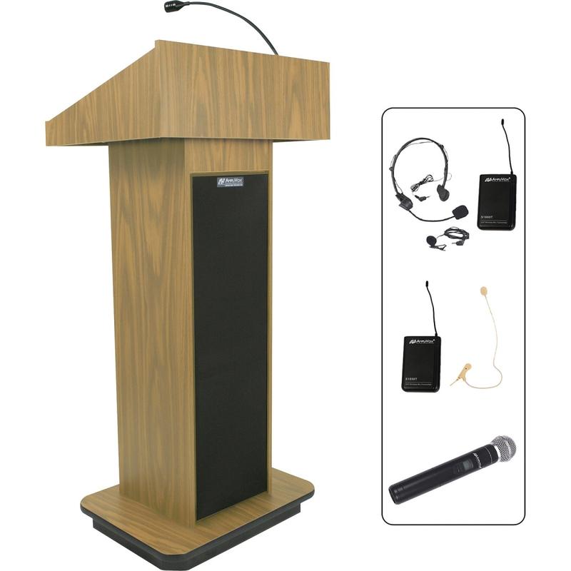 AmpliVox SW505 - Wireless Executive Sound Column Lectern - Rectangle Top - Sculpted Base - 20.75in Table Top Width x 16.50in Table Top Depth - 47in Height x 22in Width x 18in Depth - Assembly Required - High Pressure Laminate (HPL), Light Oak MPN:SW505-OK