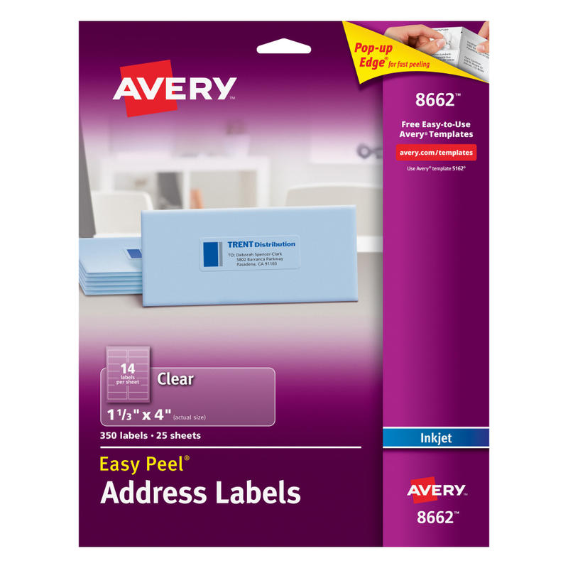 Avery Matte Address Labels With Sure Feed Technology, 8662, Rectangle, 1-1/3in x 4in, Clear, Pack Of 350 (Min Order Qty 3) MPN:8662