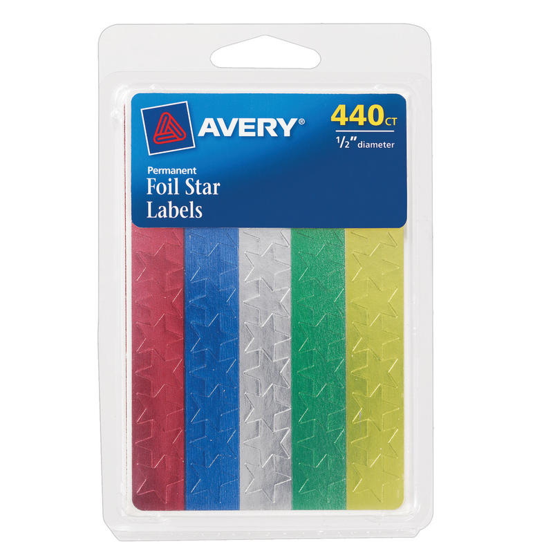 Avery Foil Stars, 1/2in, Assorted, Pack of 440 (Min Order Qty 38) MPN:6007