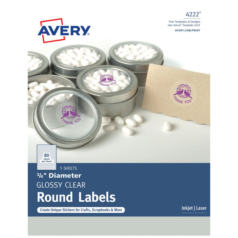 Avery Glossy Clear Print-to-the-Edge Easy Peel Labels With Sure Feed Technology, 4222, Round, 3/4in Diameter, Clear, Pack Of 400 (Min Order Qty 7) MPN:4222