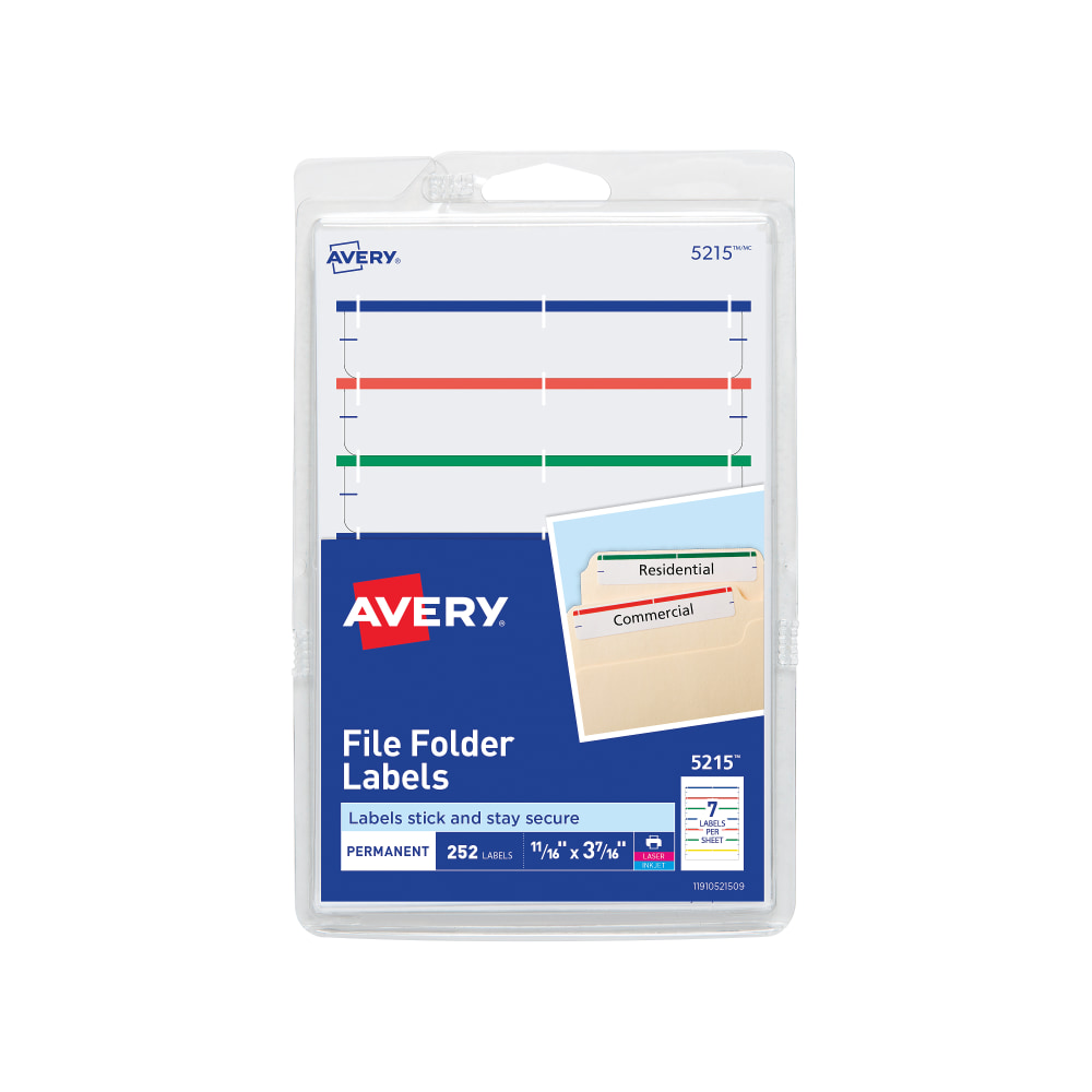 Avery File Folder Labels On 4in x 6in Sheet With Easy Peel, 5215, Rectangle, 2/3in x 3-7/16in, White With Assorted Color Bar (Dark Blue, Dark Red, Green, Yellow), Pack Of 252 Labels (Min Order Qty 33) MPN:5215