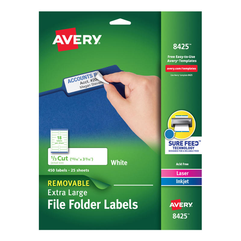 Avery Removable Extra-Large File Folder Labels, Sure Feed Technology, Removable Adhesive, White, 15/16in x 3-7/16in, 450 Labels (8425) (Min Order Qty 3) MPN:8425