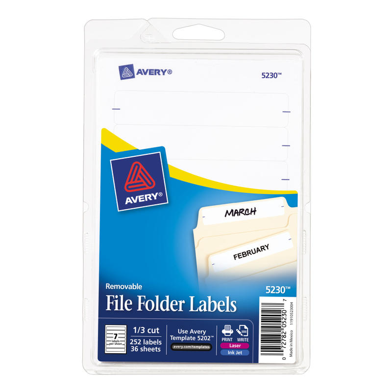 Avery Removable File Folder Labels On 4in x 6in Sheets, 5235, Rectangle, 2/3in x 3-7/16in, White, Pack Of 252 (Min Order Qty 8) MPN:5230