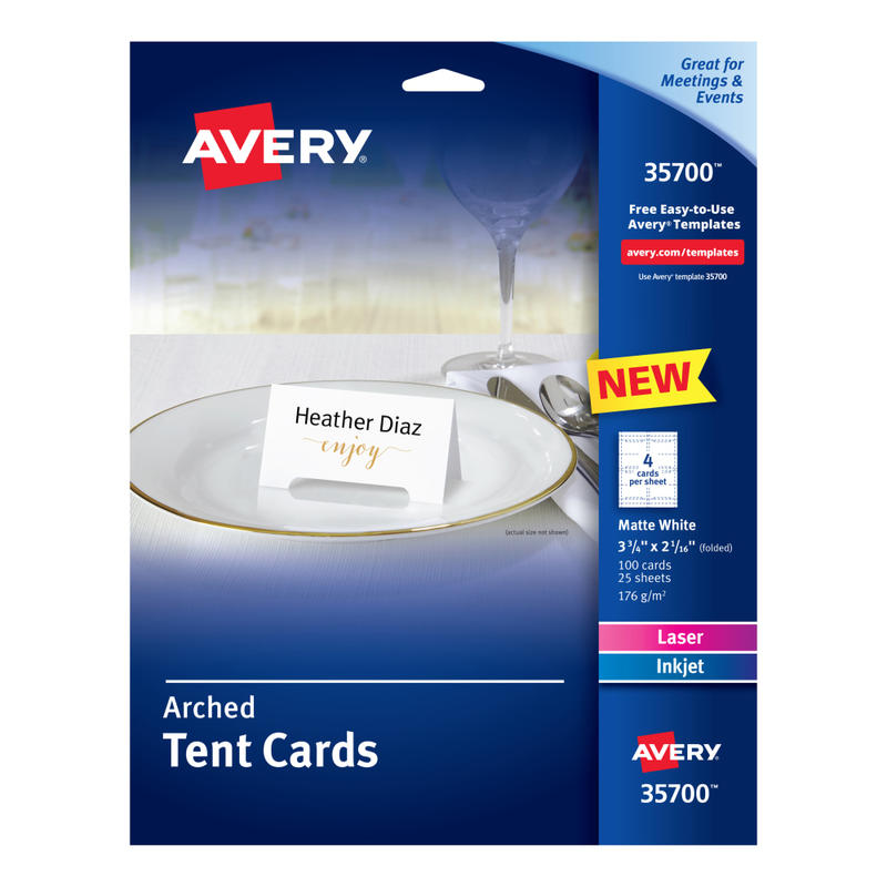Avery Printable Arched Tent Cards With Sure Feed Technology, 65 lb, 2-1/16in x 3-3/4in, White, 100 Blank Place Cards (Min Order Qty 4) MPN:35700