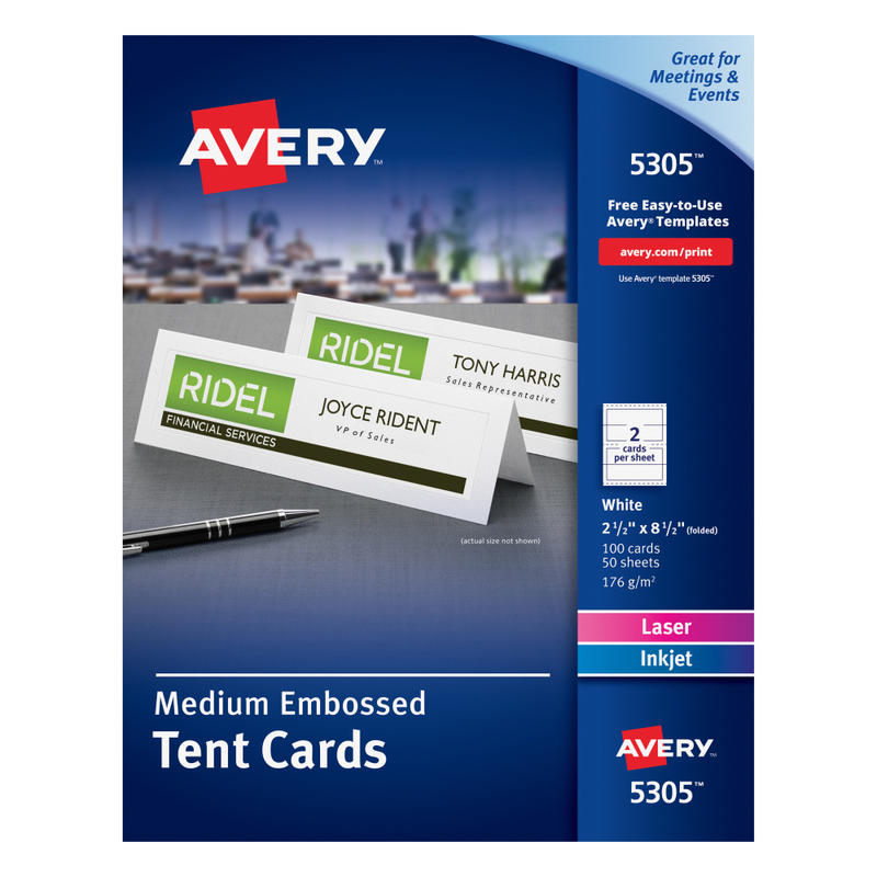 Avery Printable Tent Cards With Sure Feed Technology, 2.5in x 8.5in, White With Embossed Border, 100 Blank Place Cards (Min Order Qty 4) MPN:5305