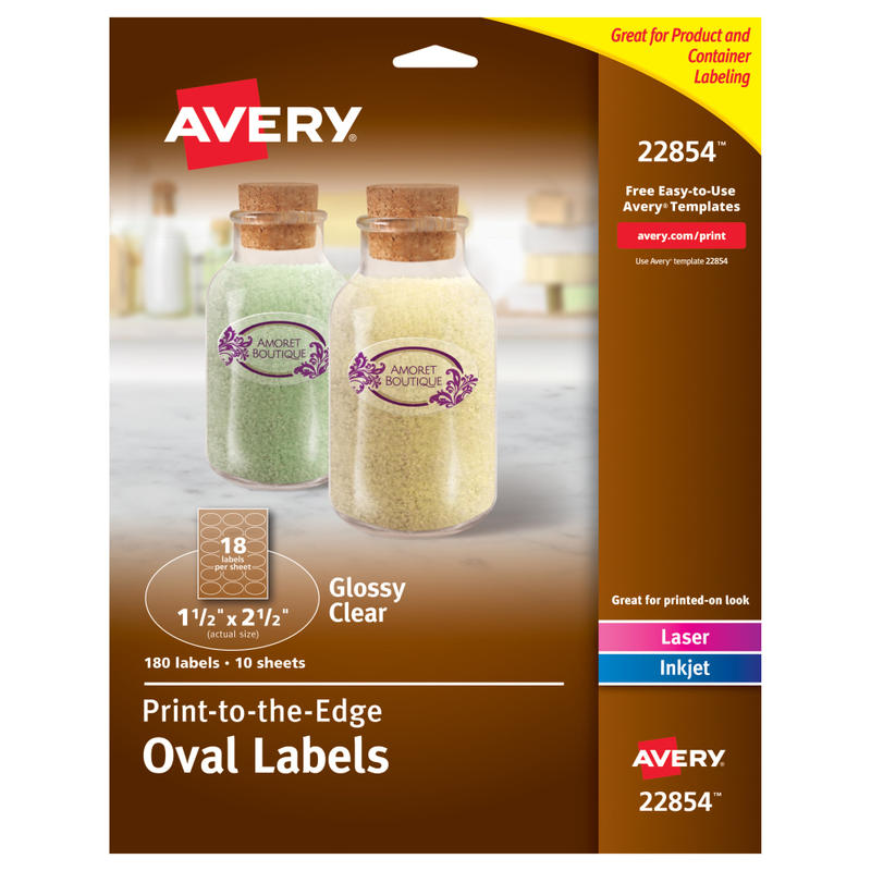 Avery Print-to-the-Edge Labels With Sure Feed Technology, 22854, Oval, 1.5in x 2.5in, Glossy Crystal Clear, Pack Of 180 Customizable Labels (Min Order Qty 4) MPN:22854