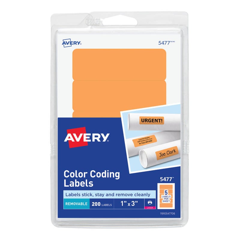 Avery Self-Adhesive Removable Print Or Write Color Coding Labels, 5477, Rectangle, 1in x 3in, Neon Orange, Pack Of 200 (Min Order Qty 8) MPN:5477